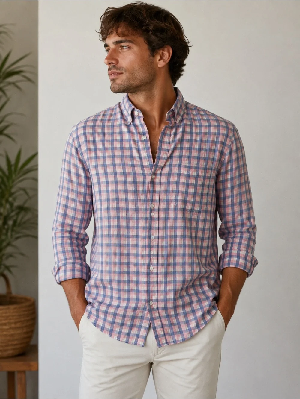 J.Crew Men's XL Pink and Blue Plaid Button Up Shirt, 100% Cotton Long-sleeve